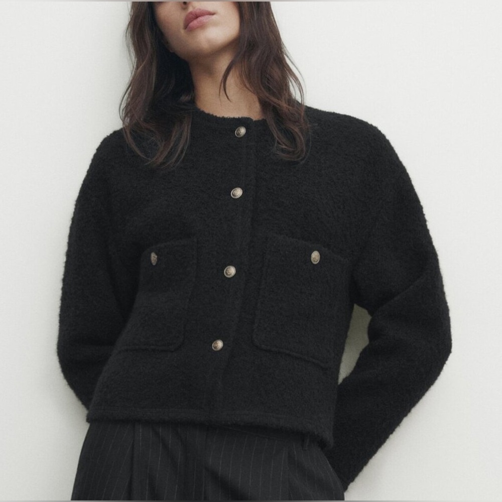 Massimo Dutti Black Boucle Knit Cardigan Jacket With Pockets  XS